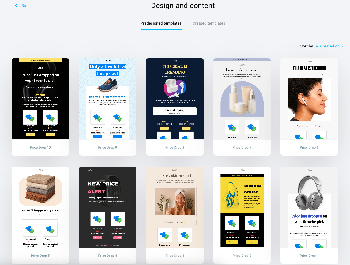GetResponse interface showing price drop email templates users can choose to edit and send to notify their customers about price decreases.